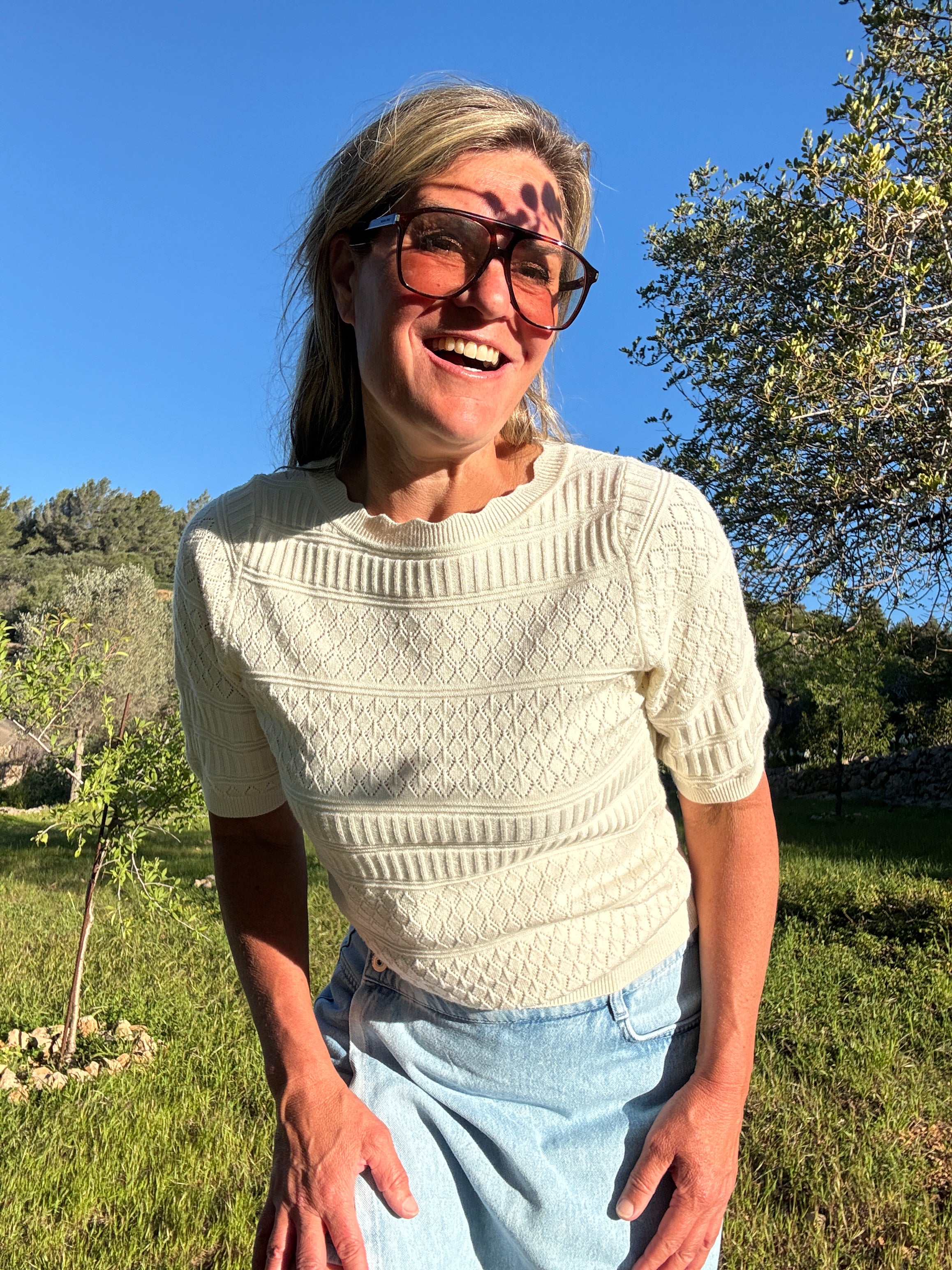 Top - MILOS S/S O-NECK POINTELLE TOP - Vil